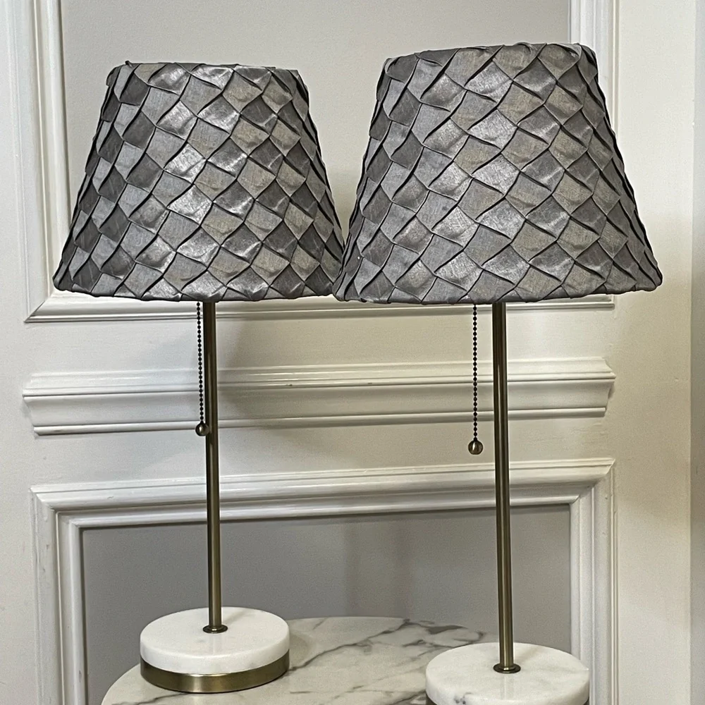 Pair of Marble Base Table Lamps with Patterned Gray Shades